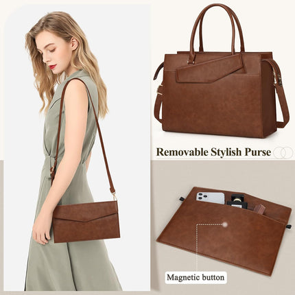 RAINSMORE Laptoptassen voor vrouwen 15,6 inch, dames draagtas, lederen designer laptop handtas, grote werktas met envelop, clutch tas voor kantoor en school