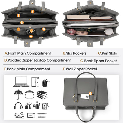 Dameshandtas voor de universiteit, PU-lederen draagtas, grote werktas, tas voor laptop van 15,6 inch, schoudertas, zwart