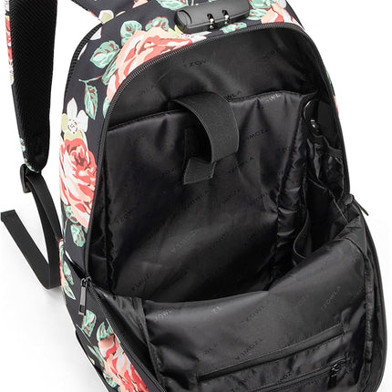 Tzowla Laptop Rugzak voor Heren,Waterdichte Antidiefstalrugzak voor School,Universiteit met USB-Oplaadpoort en Slot,14/15,6 inch Laptoptas voor Dames Jongens Meisje Werk,Reisrugzak-Bloem Roos