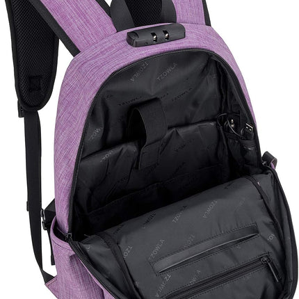 Tzowla Laptop Rugzak voor Heren,Waterdichte Antidiefstalrugzak voor School,Universiteit met USB-Oplaadpoort en Slot,14/15,6 inch Laptoptas voor Dames Jongens Meisje Vrijetijds Werk,Reisrugzak-Paars