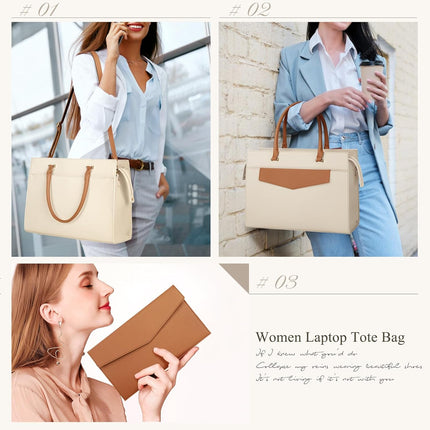 RAINSMORE Laptoptassen voor vrouwen 15,6 inch, dames draagtas, lederen designer laptop handtas, grote werktas met envelop, clutch tas voor kantoor en school