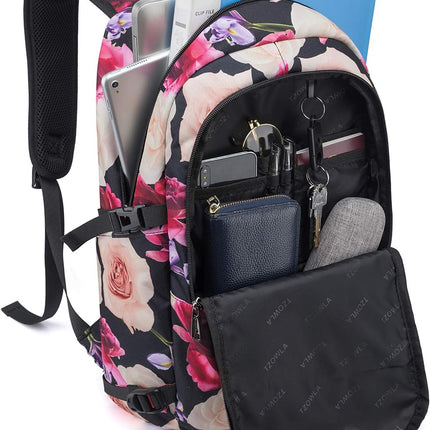 Tzowla Laptop Rugzak voor Heren,Waterdichte Antidiefstalrugzak voor School,Universiteit met USB-Oplaadpoort en Slot,14/15,6 inch Laptoptas voor Dames Jongens Meisje Vrijetijds Werk,Reisrugzak-Bloem