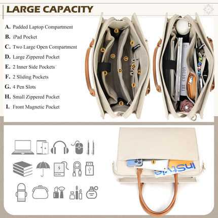 RAINSMORE Laptoptassen voor vrouwen 15,6 inch, dames draagtas, lederen designer laptop handtas, grote werktas met envelop, clutch tas voor kantoor en school