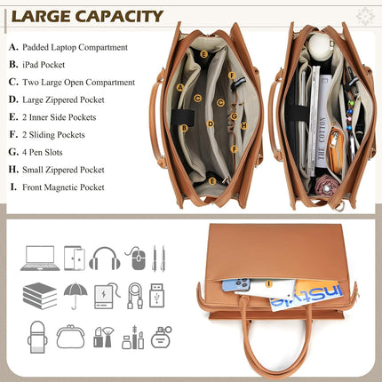 RAINSMORE Laptoptassen voor vrouwen 15,6 inch, dames draagtas, lederen designer laptop handtas, grote werktas met envelop, clutch tas voor kantoor en school