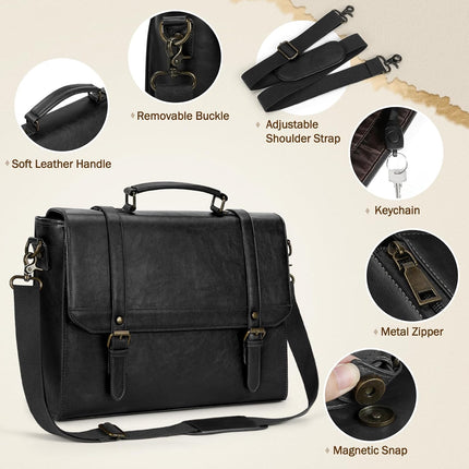 IGOLUMON Aktetas heren waterdichte schoudertas heren 15,6 inch laptoptas vintage werktas messenger bag laptop schoudertassen bruin