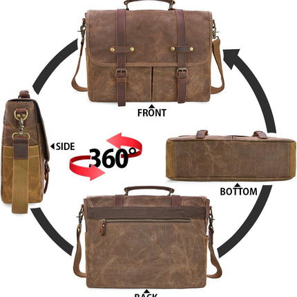 NEWHEY heren schoudertassen, aktetas, laptoptas, waterdicht, canvas, groot, werktas, koerierstas, mannen, vintage, 15,6, bruin