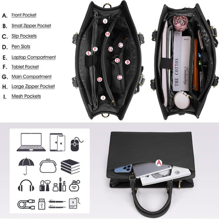 Dakuly Laptoptassen voor vrouwen, 15,6 inch, dameshandtassen, draagtas, grote werktassen, PU-lederen ontwerper-schoudertas voor zakelijk gebruik, kantoor, winkelen of universiteit