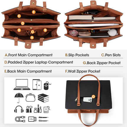 Dameshandtas voor de universiteit, PU-lederen draagtas, grote werktas, tas voor laptop van 15,6 inch, schoudertas, zwart