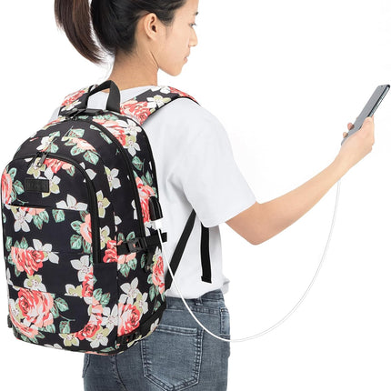 Tzowla Laptop Rugzak voor Heren,Waterdichte Antidiefstalrugzak voor School,Universiteit met USB-Oplaadpoort en Slot,14/15,6 inch Laptoptas voor Dames Jongens Meisje Werk,Reisrugzak-Bloem Roos