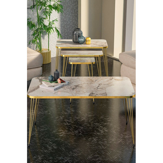 Sierra Salontafel Set | Marmeren look | Set van 4 | Wit | Luxe design | Marmer | Bijzettafel | Sofa tafel | Woonkamer tafel | Salon tafel