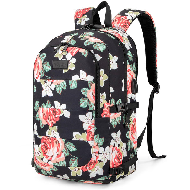 Tzowla Laptop Rugzak voor Heren,Waterdichte Antidiefstalrugzak voor School,Universiteit met USB-Oplaadpoort en Slot,14/15,6 inch Laptoptas voor Dames Jongens Meisje Werk,Reisrugzak-Bloem Roos