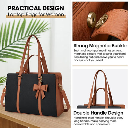 Dameshandtas voor de universiteit, PU-lederen draagtas, grote werktas, tas voor laptop van 15,6 inch, schoudertas, zwart