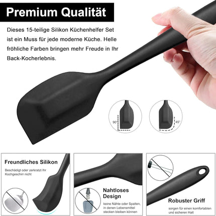 Joyfair 15 stuks keukengerei van siliconen, hittebestendig, met keukengereihouder, anti-aanbaklaag, vaatwasmachinebestendig, zwart