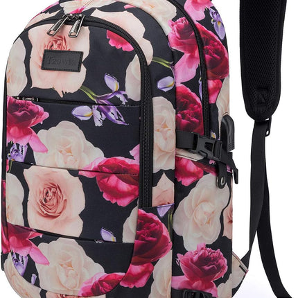 Tzowla Laptop Rugzak voor Heren,Waterdichte Antidiefstalrugzak voor School,Universiteit met USB-Oplaadpoort en Slot,14/15,6 inch Laptoptas voor Dames Jongens Meisje Vrijetijds Werk,Reisrugzak-Bloem