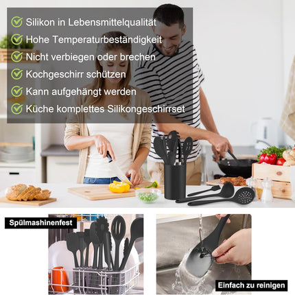 Joyfair 15 stuks keukengerei van siliconen, hittebestendig, met keukengereihouder, anti-aanbaklaag, vaatwasmachinebestendig, zwart