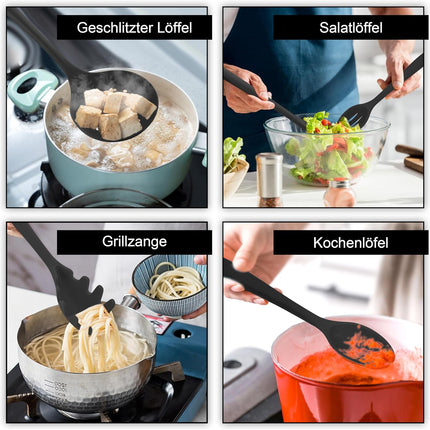 Joyfair 15 stuks keukengerei van siliconen, hittebestendig, met keukengereihouder, anti-aanbaklaag, vaatwasmachinebestendig, zwart