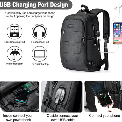 Tzowla Laptoprugzak voor heren, waterdichte antidiefstalrugzak voor school, universiteit, met USB-oplaadpoort en slot, 14/15,6 inch laptoptas voor dames, jongens, vrijetijdswerk, reisrugzak, zwart