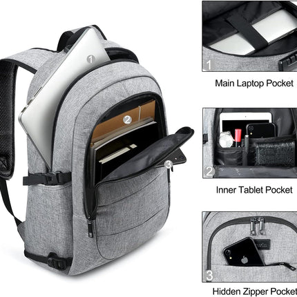 Tzowla Laptop Rugzak voor Heren,Waterdichte Antidiefstalrugzak voor School,Universiteit met USB-Oplaadpoort en Slot,14/15,6 inch Laptoptas voor Dames Jongens Meisje Vrijetijds Werk,Reisrugzak-Grijs