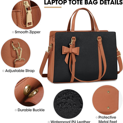 Dameshandtas voor de universiteit, PU-lederen draagtas, grote werktas, tas voor laptop van 15,6 inch, schoudertas, zwart