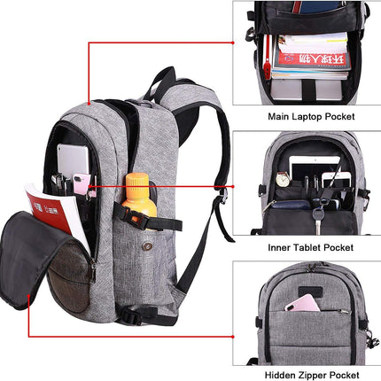 Tzowla Laptop Rugzak voor Heren,Waterdichte Antidiefstalrugzak voor School,Universiteit met USB-Oplaadpoort en Slot,17/17,3 inch Laptoptas voor Dames Jongens Meisje Vrijetijds Werk,Reisrugzak-Grijs