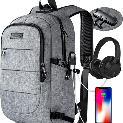 Tzowla Laptop Rugzak voor Heren,Waterdichte Antidiefstalrugzak voor School,Universiteit met USB-Oplaadpoort en Slot,14/15,6 inch Laptoptas voor Dames Jongens Meisje Vrijetijds Werk,Reisrugzak-Grijs