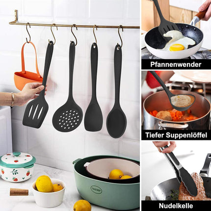 Joyfair 15 stuks keukengerei van siliconen, hittebestendig, met keukengereihouder, anti-aanbaklaag, vaatwasmachinebestendig, zwart