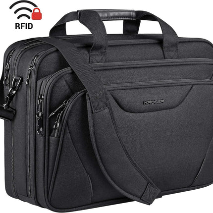 KROSER 18" laptoptas Premium laptop aktetas past tot 17,3 inch laptop uitbreidbare waterafstotende schoudertas computertas voor reizen/zakelijk/school/heren/dames-Zwart