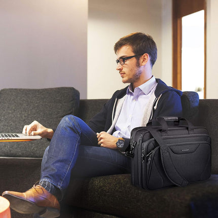 KROSER 18" laptoptas Premium laptop aktetas past tot 17,3 inch laptop uitbreidbare waterafstotende schoudertas computertas voor reizen/zakelijk/school/heren/dames-Zwart