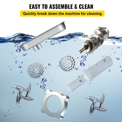 VEVOR Vleesmolen 448 x 210 x 387 mm Gehaktmolen 850 W Multifunctionele Keukenmachine Vlees van Roestvrij Staal met 193 r/min Snelheid, Complete Accessoires, voor Restaurants Supermarkten Slagerijen