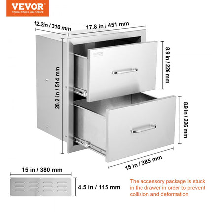 VEVOR Ladekast 45 x 52 cm buitenkeuken BBQ-eiland roestvrijstalen dubbele lade