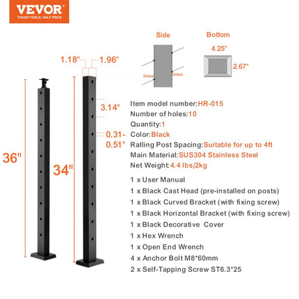 VEVOR relingpaal 91,44x2,54x5,08cm 30° schuin gat trapleuning 1 stuk.
