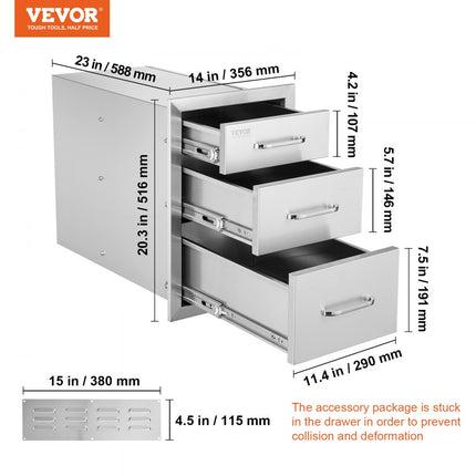 VEVOR Ladekast buiten Grilleiland drievoudige lade 35x51cm van Rvs