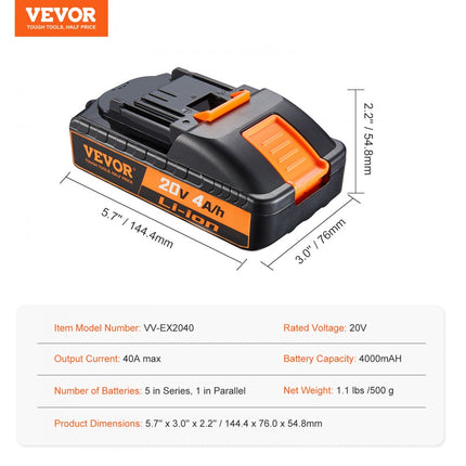 VEVOR 20V 4000mAh lithiumbatterij vervanging voor elektrisch gereedschap max. 40A uitgangsstroom batterij met overbelasting, diepe ontlading, oververhitting en kortsluitbeveiliging lithiumbatterij 144,4 x 76,0 x 54,8 m