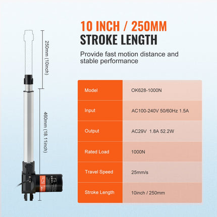VEVOR lineaire actuatorkit, 250 mm hogesnelheidslineaire actuator met 25 mm/s 24V 220lbs/1000N lineaire actuator voor het optillen van tv/tafel/bank, IP44-classificatie - adaptervoeding inbegrepen