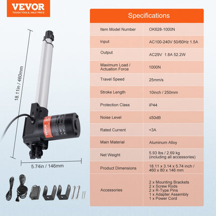 VEVOR lineaire actuatorkit, 250 mm hogesnelheidslineaire actuator met 25 mm/s 24V 220lbs/1000N lineaire actuator voor het optillen van tv/tafel/bank, IP44-classificatie - adaptervoeding inbegrepen