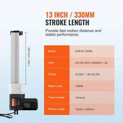VEVOR lineaire actuatorkit, 330 mm hoge snelheid lineaire actuator 14 mm/s 24V 220lbs/1000N lineaire actuator voor het optillen van tv/tafel/bank IP44-bescherming - adaptervoeding