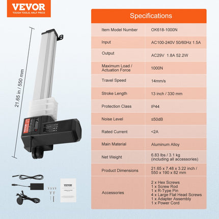 VEVOR lineaire actuatorkit, 330 mm hoge snelheid lineaire actuator 14 mm/s 24V 220lbs/1000N lineaire actuator voor het optillen van tv/tafel/bank IP44-bescherming - adaptervoeding