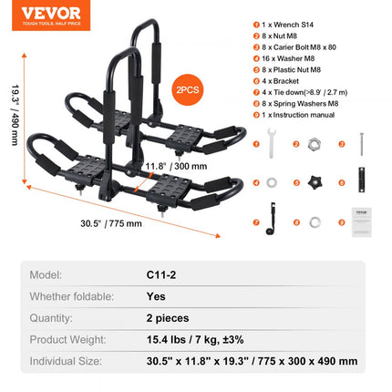 VEVOR Kajak-imperiaal, 1 paar J-Bar, zacht imperiaal, topmontage, drager voor kajak, surfplank, kano, SUP, skiboard, montage op auto, SUV, vrachtwagen, 2 kajaks