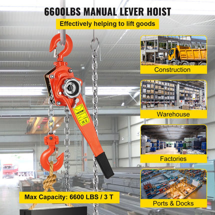 VEVOR Rateltakel Ketting Takel Lever Block / Ratchet Puller Hoist Load Brake,come Along 3ton Lever Hoist Puller Load Brake Hand Ratcheting 2 Hooks,3t