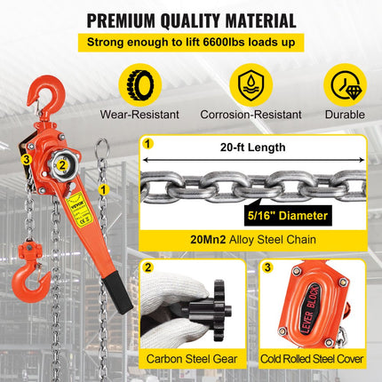 VEVOR Rateltakel Ketting Takel Lever Block / Ratchet Puller Hoist Load Brake,come Along 3ton Lever Hoist Puller Load Brake Hand Ratcheting 2 Hooks,3t