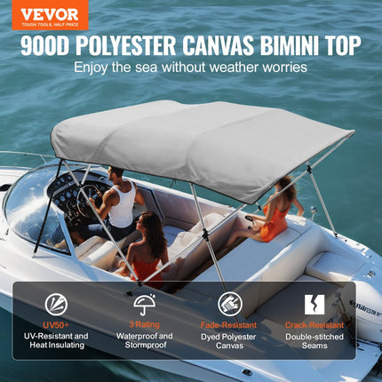 VEVOR 4 boog Bimini-top afdekzeil, 2310-2440 mm installatiebreedte 900D polyester luifel met frame van aluminiumlegering, waterdicht en zonwering, inclusief opbergdoos, 2 steunpalen grijs