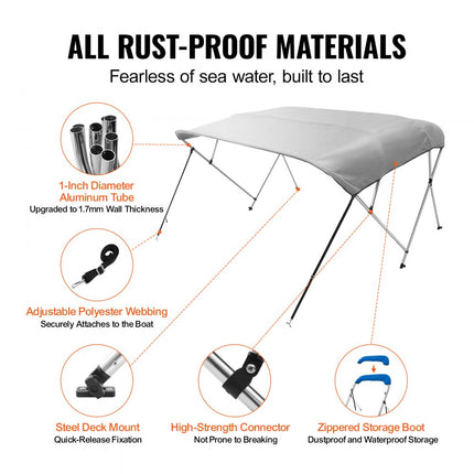 VEVOR 4 boog Bimini-top afdekzeil, 2310-2440 mm installatiebreedte 900D polyester luifel met frame van aluminiumlegering, waterdicht en zonwering, inclusief opbergdoos, 2 steunpalen grijs