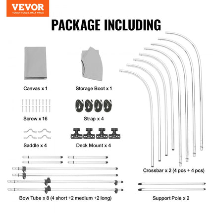 VEVOR 4 boog Bimini-top afdekzeil, 2310-2440 mm installatiebreedte 900D polyester luifel met frame van aluminiumlegering, waterdicht en zonwering, inclusief opbergdoos, 2 steunpalen grijs