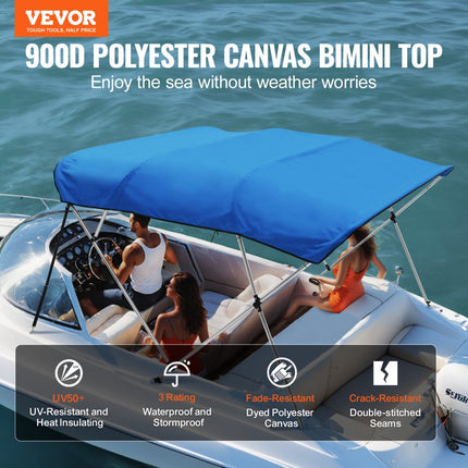 VEVOR 4 boog Bimini-top afdekzeil, 2310-2440 mm installatiebreedte 900D polyester luifel met frame van aluminiumlegering, waterdicht en zonwering, inclusief opbergdoos, 2 steunpalen blauw
