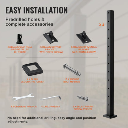 VEVOR set van 4 kabelrailingpalen 107x5x5cm palen met horizontale gaten