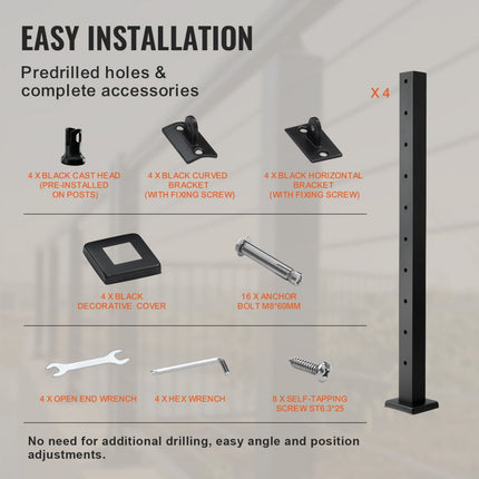 VEVOR set van 4 relingpalen ca. 91x5x5cm palen met horizontale gaten