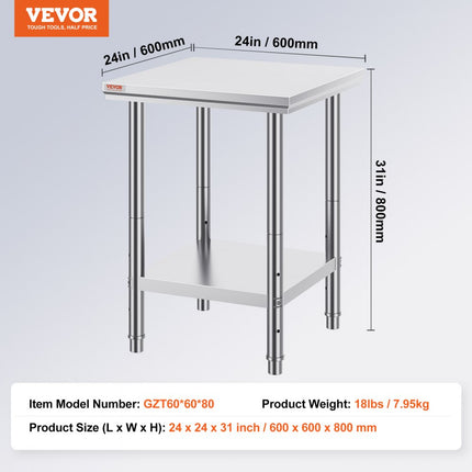 Vevor Rvs Tafel Roestvrij Staal Commerciële Keukentafel Voedselbereidingstafel 23,6x23,6in