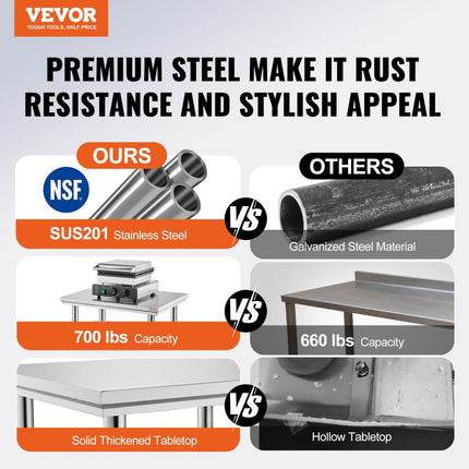 VEVOR Rvs Tafel Keukentafel 24x36 roestvrijstalen keukenwerkvoorbereidingstafel Commerciële Nsf verstelbare poten