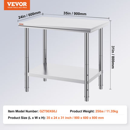 VEVOR Rvs Tafel Keukentafel 24x36 roestvrijstalen keukenwerkvoorbereidingstafel Commerciële Nsf verstelbare poten