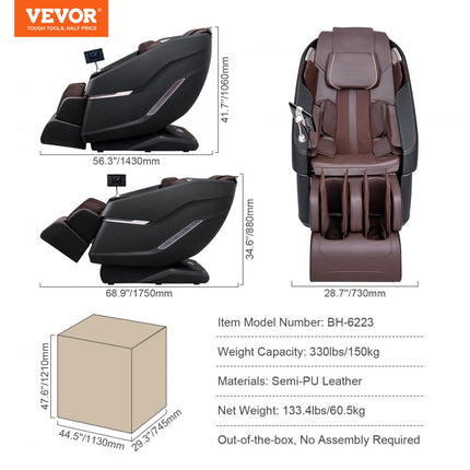VEVOR massagestoel met flexibele SL-rail, 3D full body shiatsu-massageapparaat, zwaartekrachtvrij, 10 tot 18 automatische modi, verwarming, Bluetooth-luidspreker, luchtkussen en touchscreen 160 kg